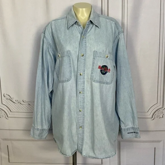 Vintage 90s Hard Rock Cafe Niagara Falls Button Down Long Sleeve Denim Shirt Sm - Picture 1 of 10
